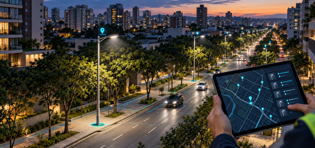 Ilustração de cadastro de iluminação pública, com luminárias georreferenciadas em avenida e mapa digital em tablet.