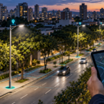 Ilustração de cadastro de iluminação pública, com luminárias georreferenciadas em avenida e mapa digital em tablet.