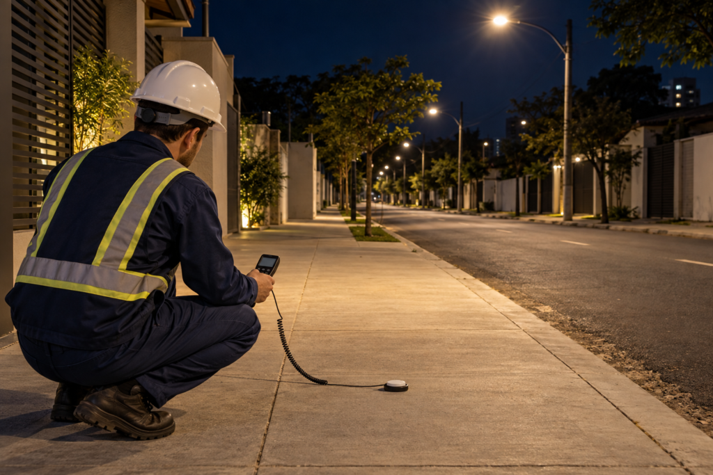 Ilustração de técnico utilizando luxímetro com sensor sobre a calçada para medir a iluminância durante a noite.